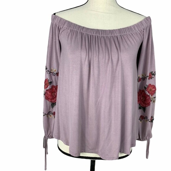 American Eagle Off Shoulder Boho Slinky Top Women M Embroidered Floral Sleeves - Picture 1 of 10
